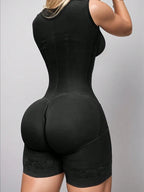 Mocha Open-Bust Shaping Bodysuit with Zip Closure and Lace Hem
