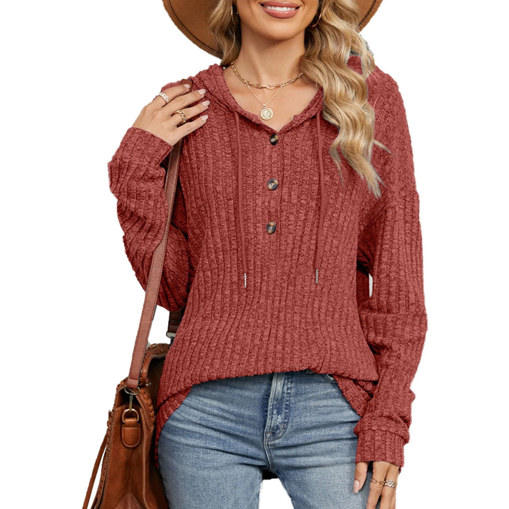 Women's Ribbed Knit Hooded Sweater with Relaxed Fit for Cozy Everyday Layering