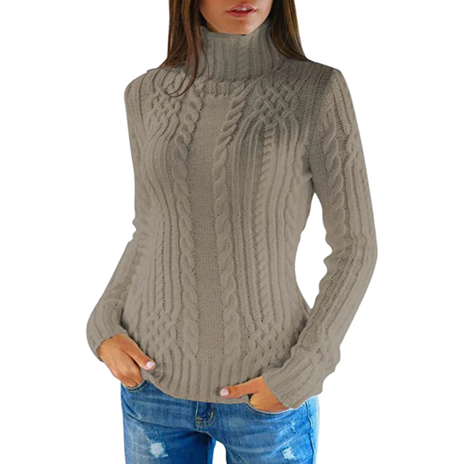 Women's Cable Knit Turtleneck Slim Fit Pullover Sweater With Textured Finish