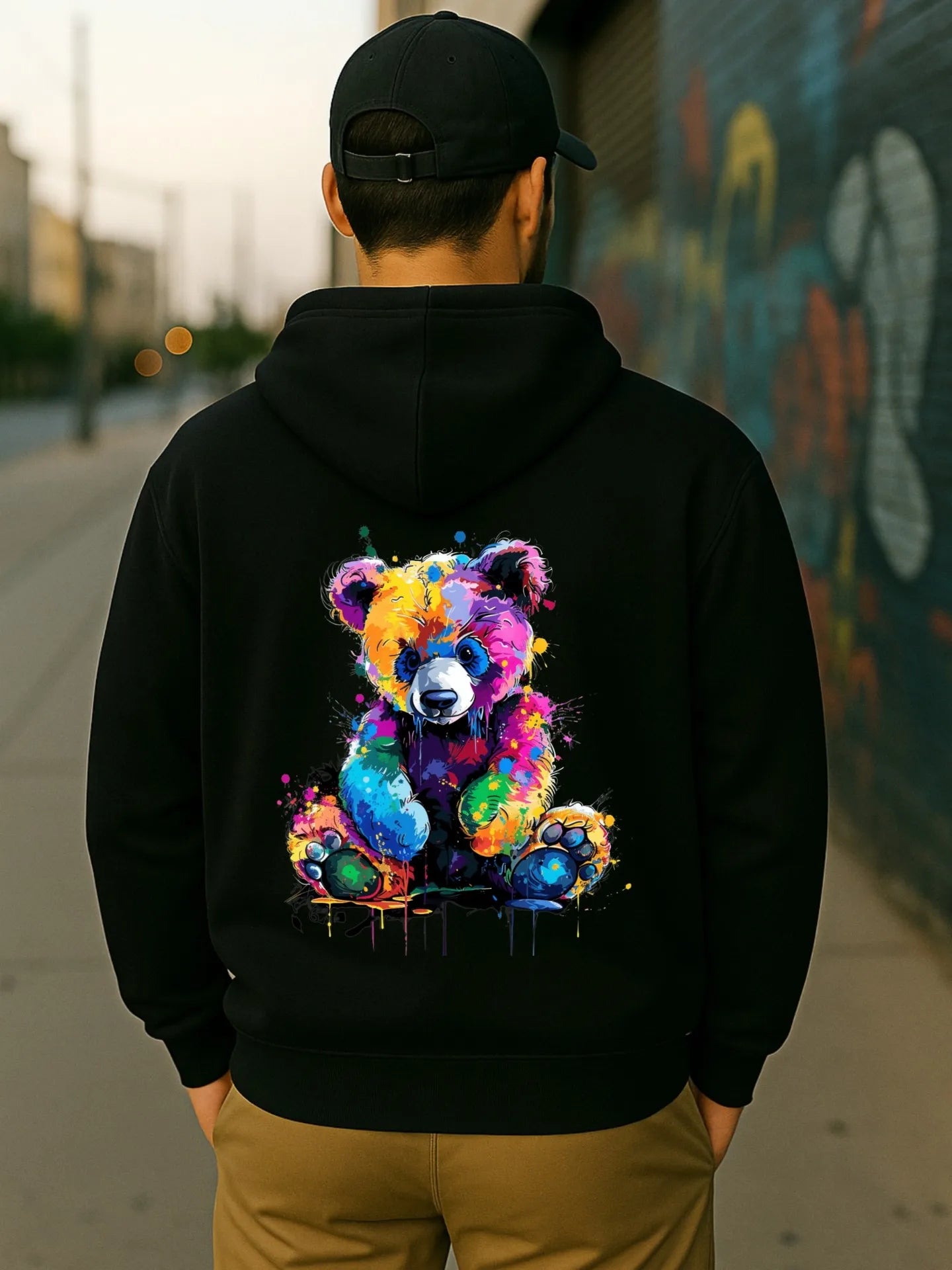 Oversized Anime Streetwear Hoodie with Neon Bear Manga Artwork
