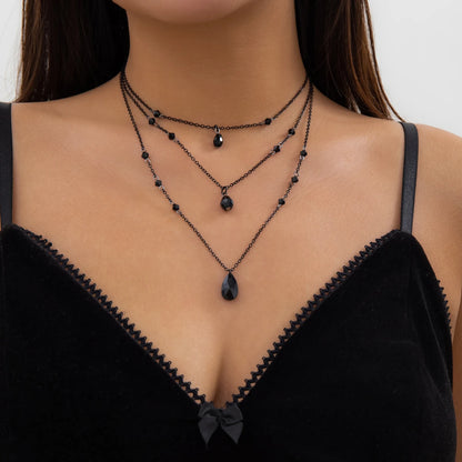 Layered Crystal Drop Necklace Set for Gothic Y2K and Dark Feminine Fashion Styling