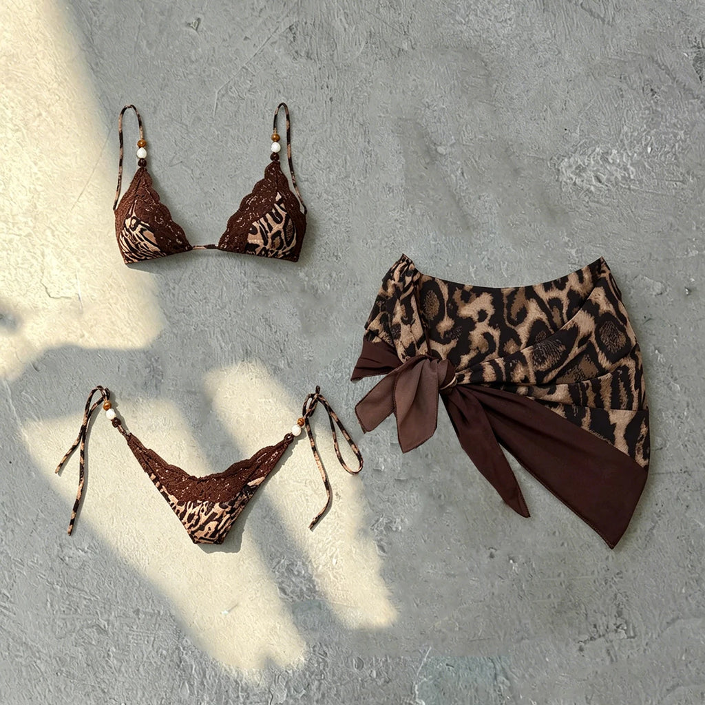 Three-Piece Leopard Print String Bikini Set with Wrap Sarong Cover-Up