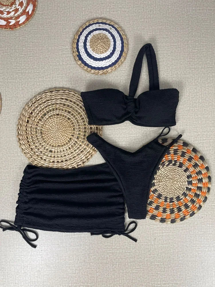 Vibrant Orange Three-Piece Swimwear Set with Ruched Bralette and Cover-Up Skirt