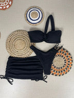 Vibrant Orange Three-Piece Swimwear Set with Ruched Bralette and Cover-Up Skirt
