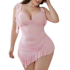 Romantic Pink Ruched Mini Slip Dress with Asymmetrical Ruffled Hemline