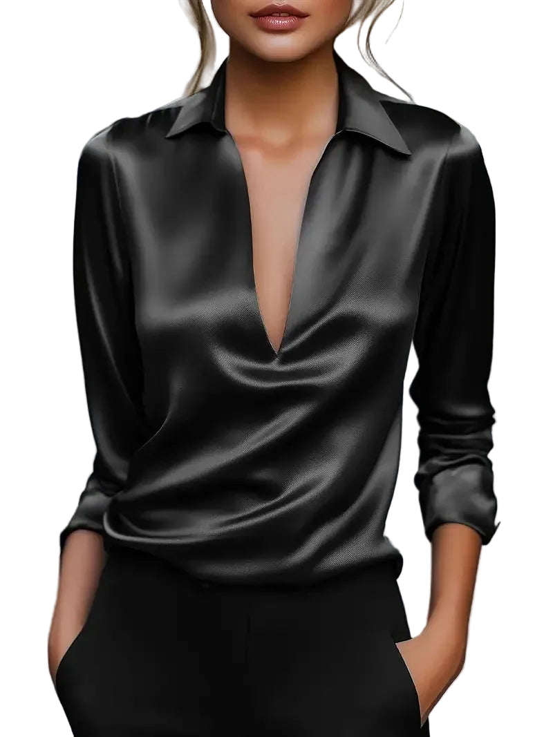 Elegant V-Neck Pullover Blouse with Classic Collar and Smooth Finish