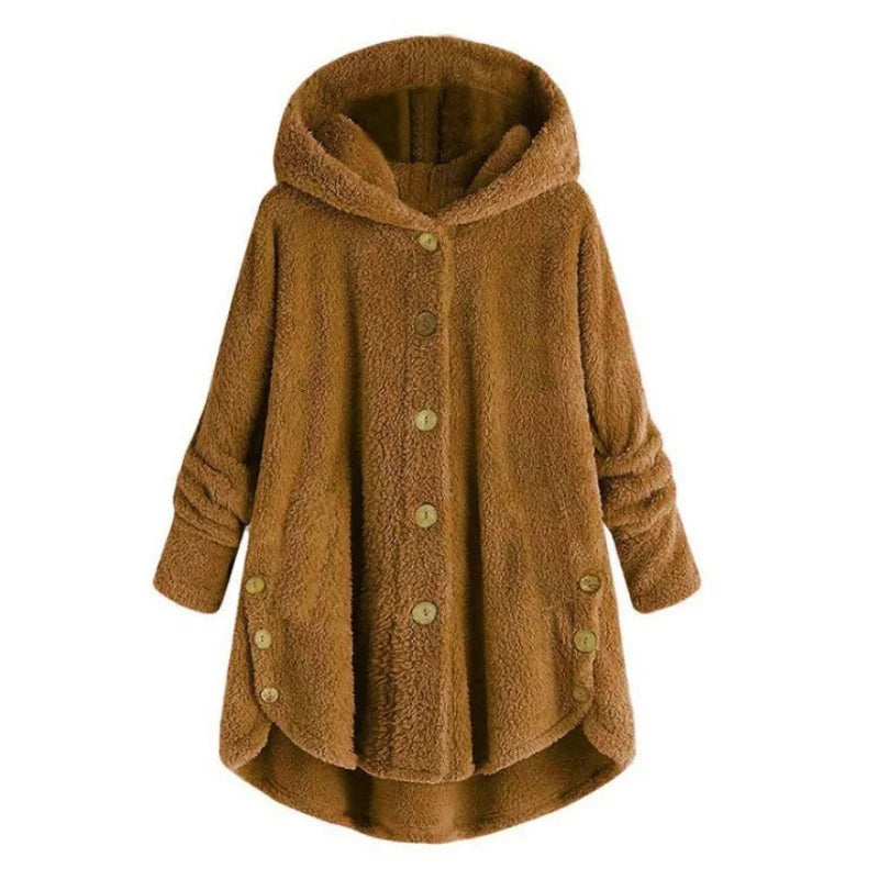 Women's Plush Hooded Teddy Fleece Coat with Button Front for Cozy Winter Layering