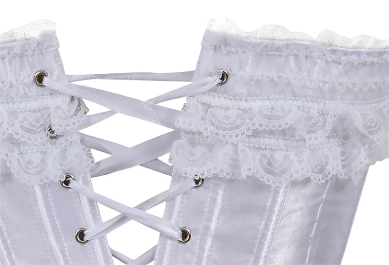 Luminous White Satin Overbust Corset with Ruffled Lace Trim and Bow Detailing
