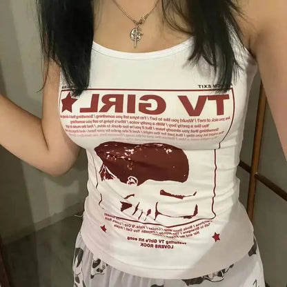 Graphic Print Spaghetti Strap Tank Top with Slim Fit Contemporary Streetwear Style