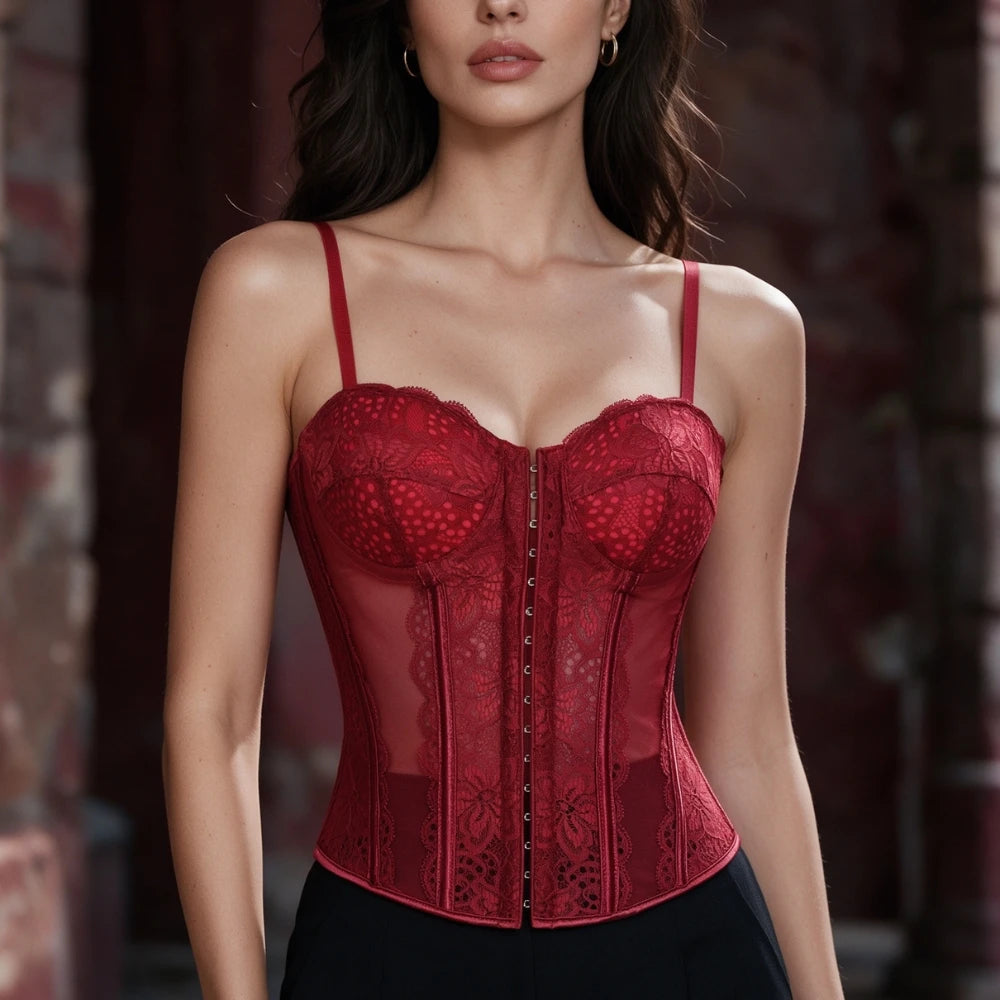 Crimson Red Lace and Sheer Mesh Bustier with Front Hook Closure