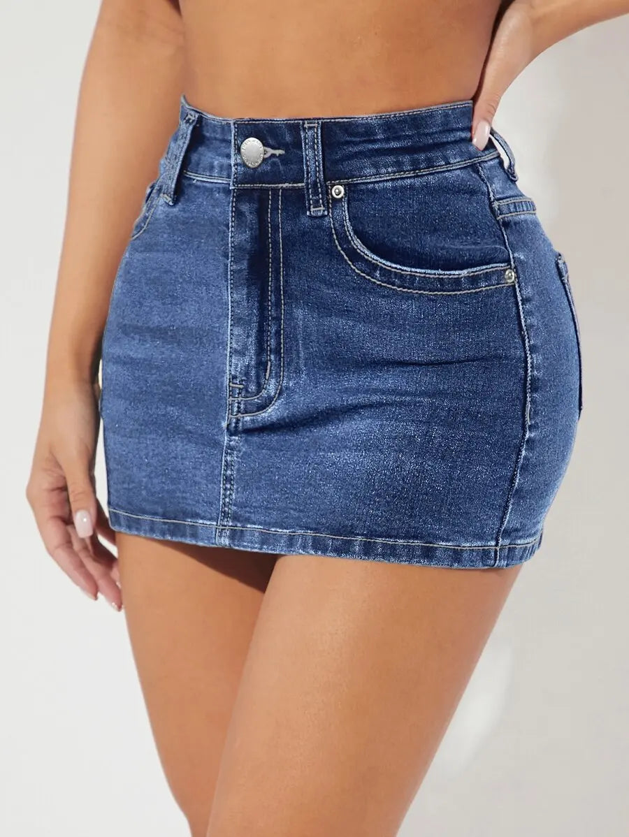 High Waist Stretch Denim Mini Skirt with Pocket Detail Slim Fit