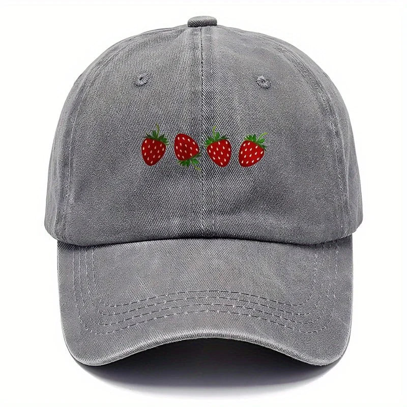 Vintage Washed Baseball Cap Embroidered Fruit Detail Curved Brim Casual Streetwear Hat
