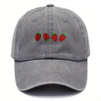 Vintage Washed Baseball Cap Embroidered Fruit Detail Curved Brim Casual Streetwear Hat