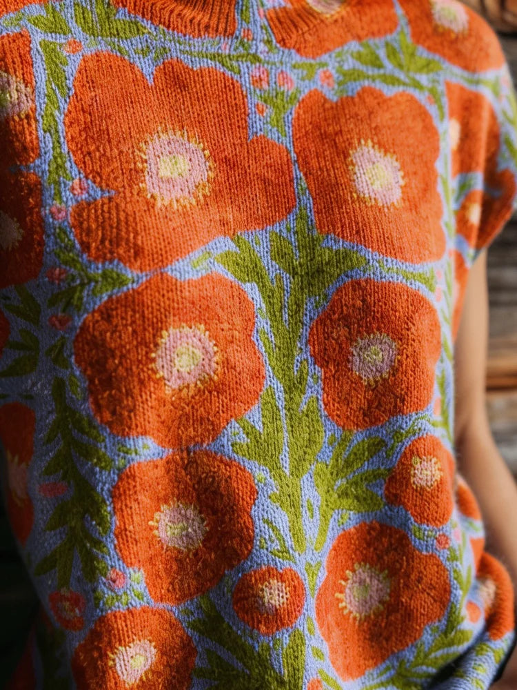 Women's Retro Floral Jacquard Knit Top with Relaxed Short Sleeve Silhouette