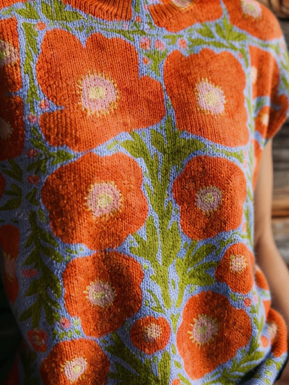 Women's Retro Floral Jacquard Knit Top with Relaxed Short Sleeve Silhouette
