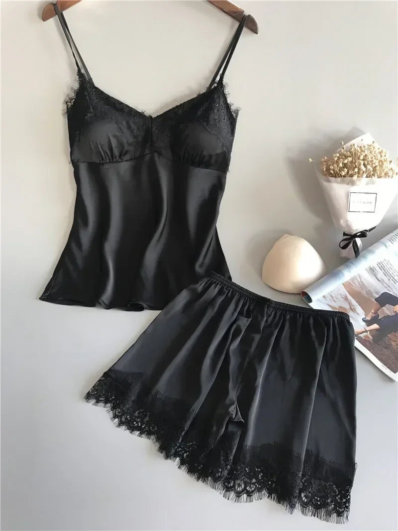 Women's Lace-Trim Satin-Look Pajama Set with V-Neck Camisole Top and Matching Shorts, Sleeveless Two-Piece Nightwear