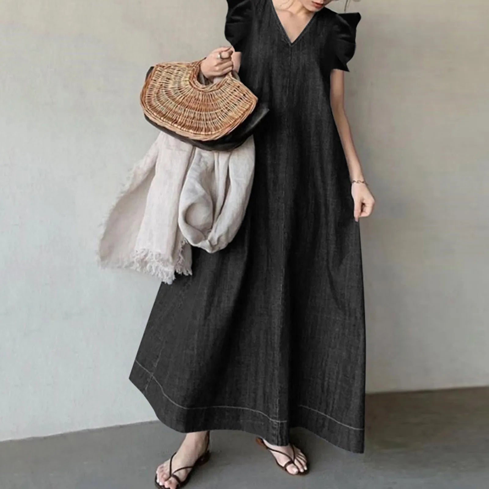 Oversized Denim Look Maxi Dress with Relaxed Fit and Petal Sleeves