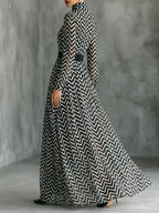 Monochromatic Chevron Print Maxi Dress with Puff Sleeves and Cinched Waist
