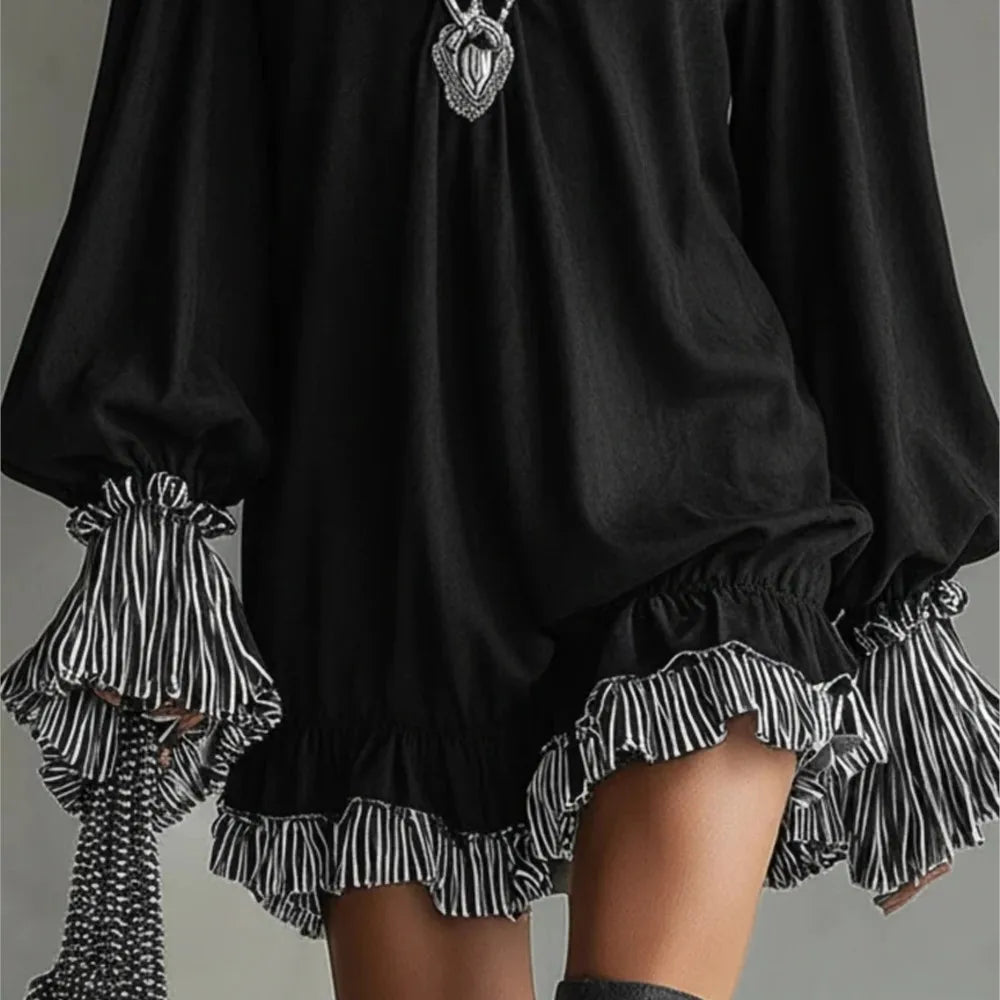 MsChuh Autumn Party Dresses For Woman Contrast Evening Dress Striped Long Sleeves Loose Vestidos Comfortable Simple Style Casual