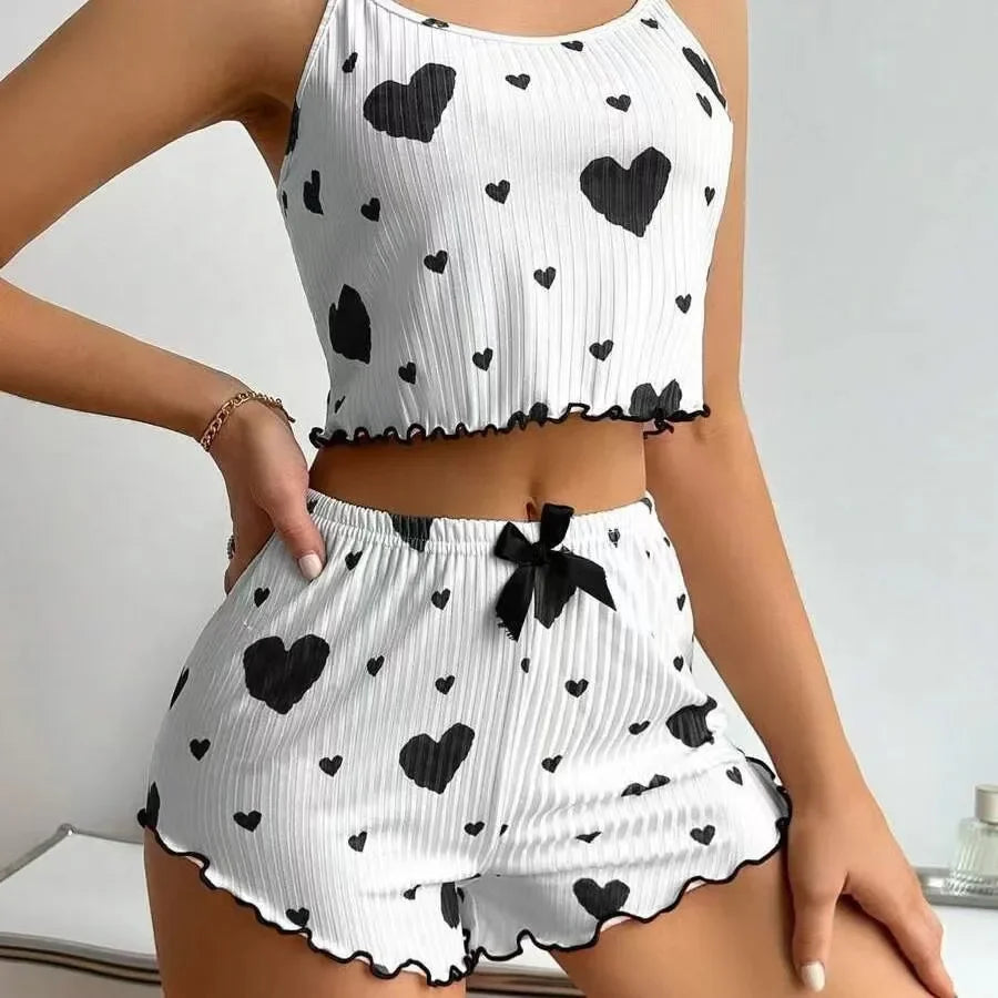 Sweetheart Print Two-Piece Cropped Camisole and Shorts Sleepwear Set with Lettuce Trim