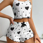 Sweetheart Print Two-Piece Cropped Camisole and Shorts Sleepwear Set with Lettuce Trim