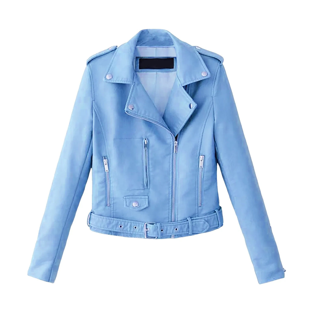 Women's Belted Faux Leather Moto Jacket with Asymmetrical Zip Streetwear Outerwear Style