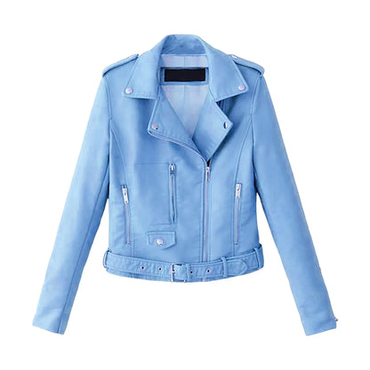 Women's Belted Faux Leather Moto Jacket with Asymmetrical Zip Streetwear Outerwear Style