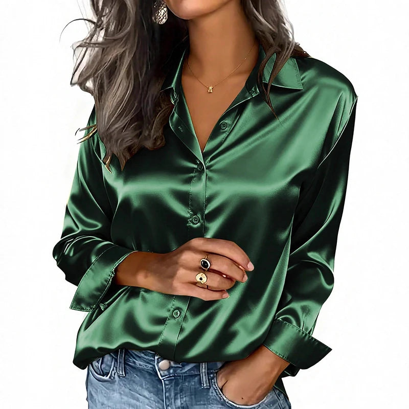 Emerald Green Satin-Finish Button-Down Blouse with Classic Lapel Collar and Relaxed Fit