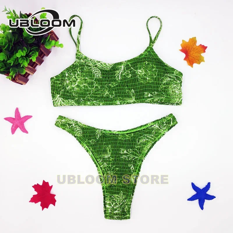 Vibrant Green Floral Underwire Bikini with Ruched Texture