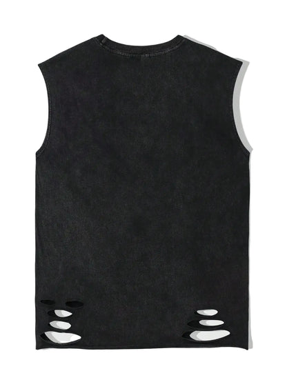 Distressed Cotton Sleeveless Tank Top with Minimalist Alternative Streetwear Punk Fashion Details