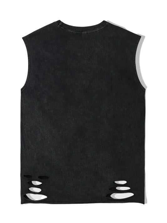 Distressed Cotton Sleeveless Tank Top with Minimalist Alternative Streetwear Punk Fashion Details