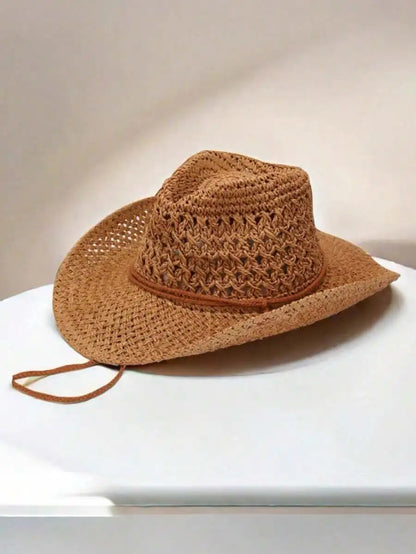 Hollow Woven Straw Cowboy Hat with Wide Brim for Beach Travel and Outdoor Adventures