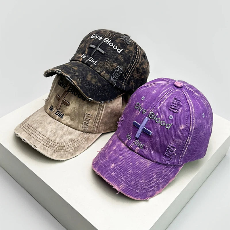 Vintage Embroidered Adjustable Cotton Baseball Cap with Distressed Finish for Casual Streetwear Fashion