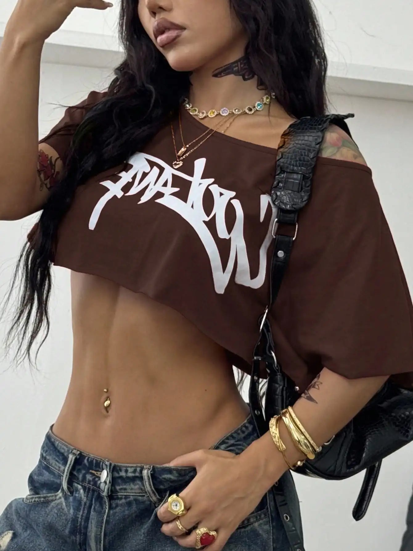 Off Shoulder Graphic Crop Tee with Relaxed Streetwear Inspired Silhouette