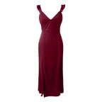 Ruched Sleeveless Maxi Dress With Deep Neckline And Front Slit