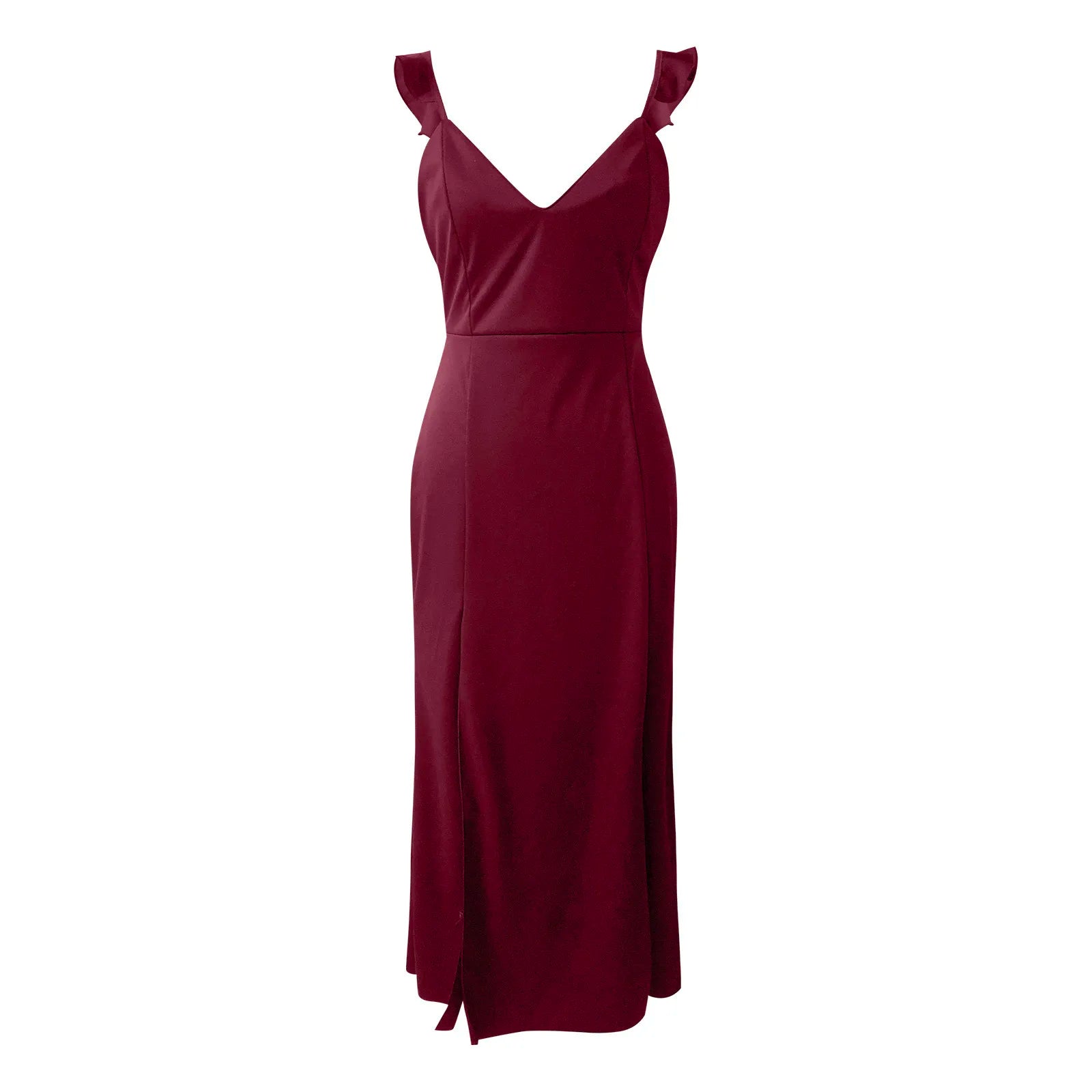 Ruched Sleeveless Maxi Dress With Deep Neckline And Front Slit