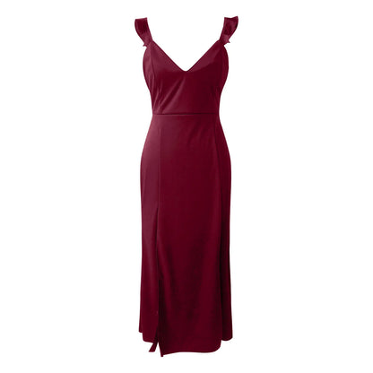 Ruched Sleeveless Maxi Dress With Deep Neckline And Front Slit