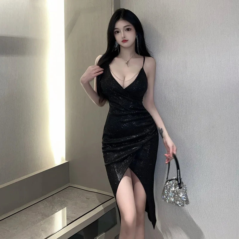 Shimmering Sequin Slip Dress with Deep V-Neck and High Slit