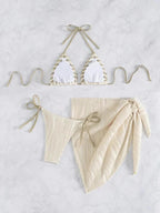 Textured Cream Three-Piece String Bikini Set with Woven Scalloped Trim