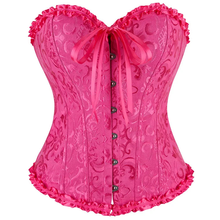 Floral Jacquard Overbust Corset with Sweetheart Neckline and Busk Closure