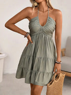 Halter Neck Tiered Mini Dress with Shirred Bodice Bohemian Vacation Style