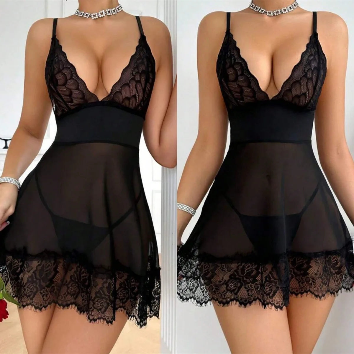 Soft Pink Sheer Mesh Chemise Nightgown with Deep V-Neckline and Lace Hem