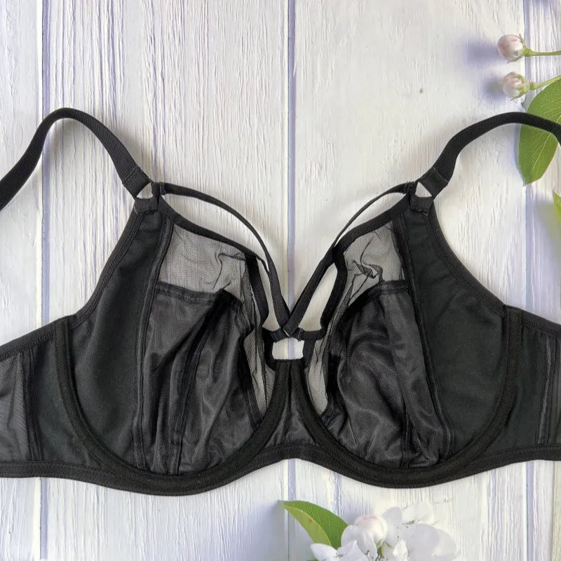Elegant Sheer Mesh Underwire Minimizer Bra with Strappy Center Detailing