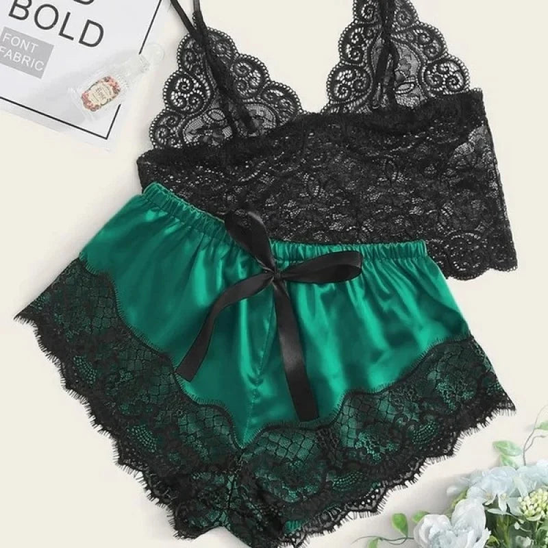 Romantic Sheer Black Lace Bralette and Blush Satin-Finish Shorts Sleep Set