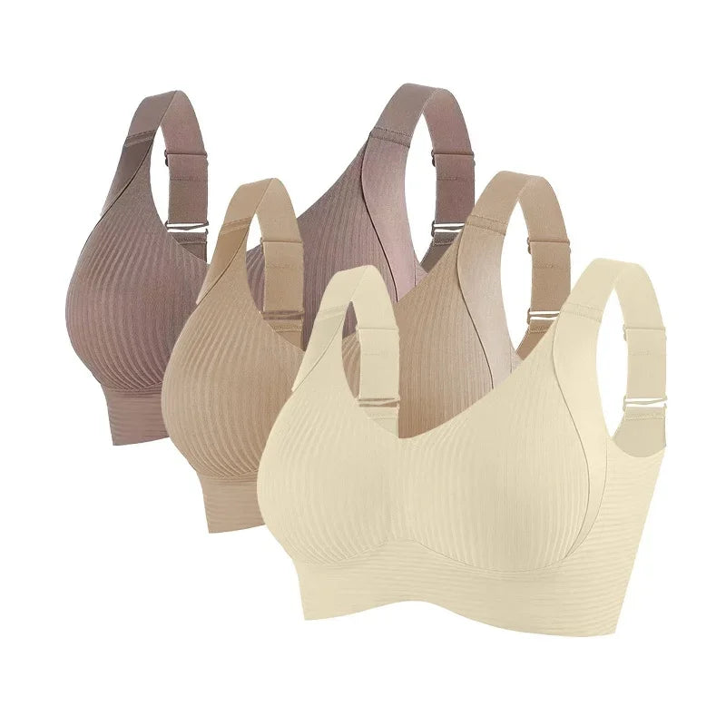 3-Piece Wireless Push-Up Bra Set with Ribbed Texture, V-Neck Design and Adjustable Straps