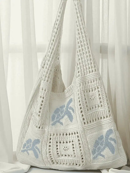 Crochet Knit Beach Tote Bag with Embroidered Coastal Inspired Pattern