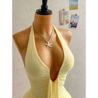 Ruched Halter Neck Mini Dress with Ribbon Tie Detail and Body Skimming Fit