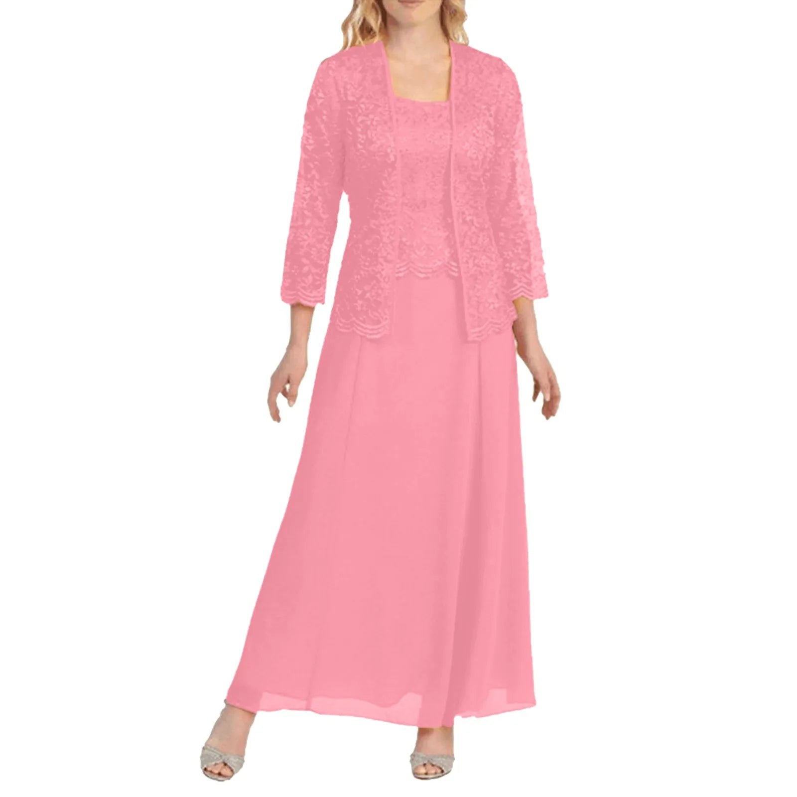 Chiffon Panel Maxi Dress with Lace Details and Long Sleeves