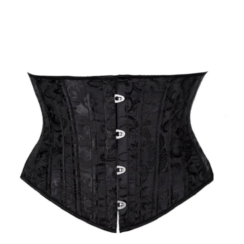 Elegant Black Floral Damask Underbust Waist Cincher with Front Metal Busk