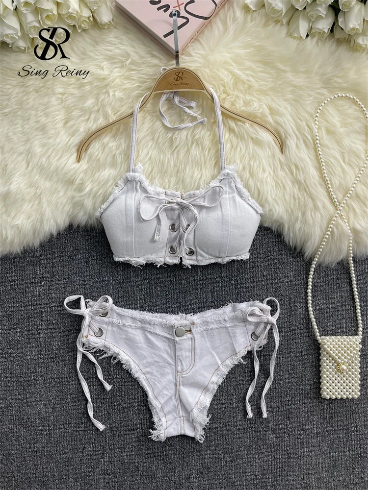 Y2K-Inspired Frayed Denim Halter Bikini Top and Lace-Up Short Set
